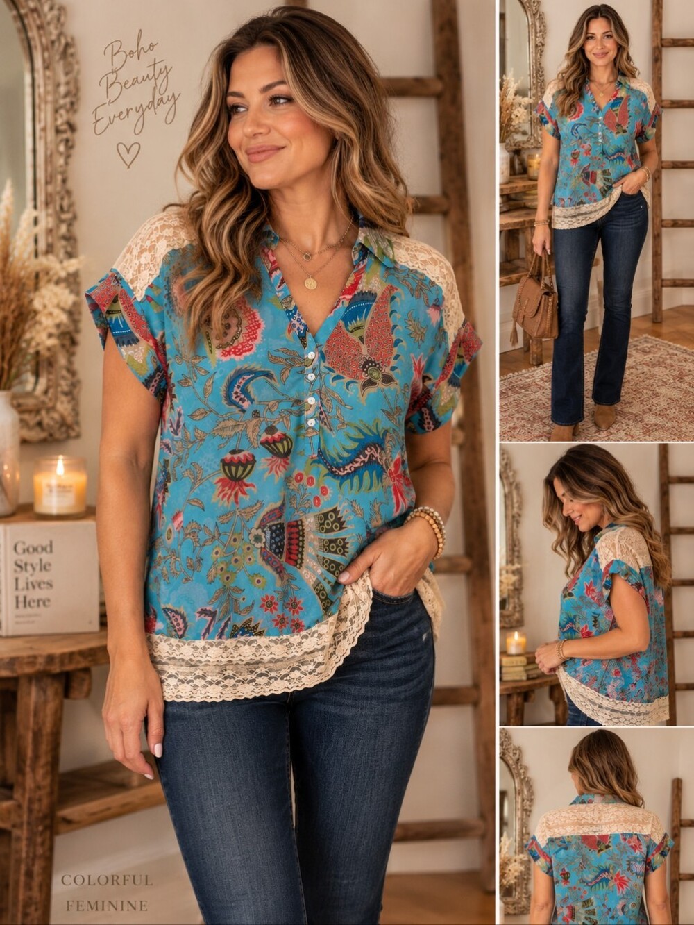 Turquoise Paisley Floral Lace Trim Blouse Boho Cottagecore